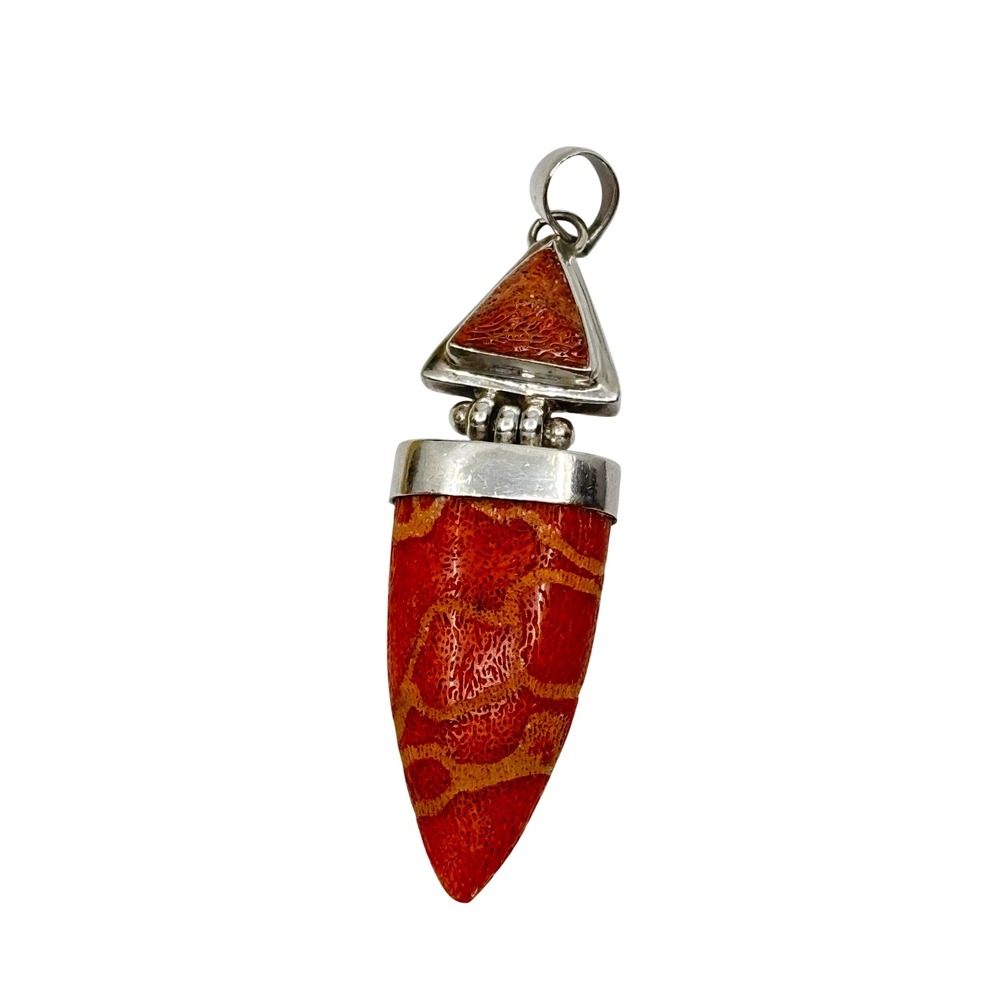 925 Sterling Silver Red Sponge Coral Triangle Bullet Point Statement Pendant